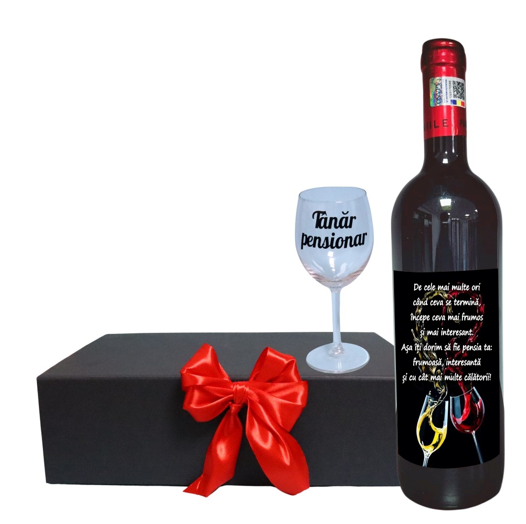 CSVPN004 Set cadou Pensionare, Cutie de vin cu sticla si un pahar, 35x25cm, Vin Domeniile Panciu Feteasca Neagra, CSVPN004 - imagine 1