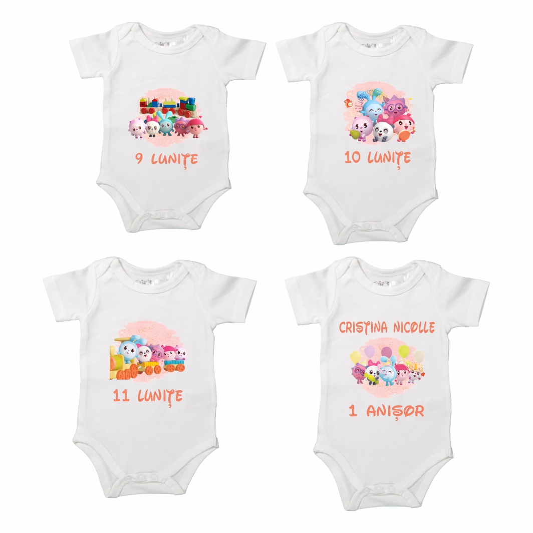 BSA006.... Set 12 body-uri cu lunile bebelusului, Baby Riki, Bumbac, Alb, BSA006 - imagine 5