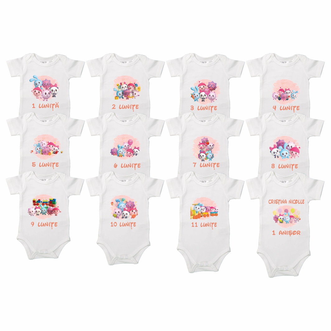 BSA006. Set 12 body-uri cu lunile bebelusului, Baby Riki, Bumbac, Alb, BSA006 - imagine 2