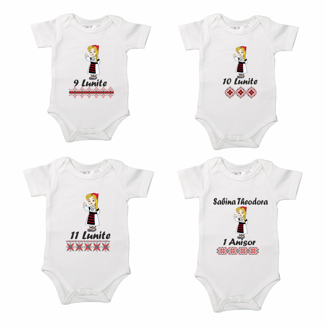 BSA007.... Set 12 body-uri cu lunile bebelusului, Traditional fetita, Bumbac, Alb, BSA007 - imagine 4