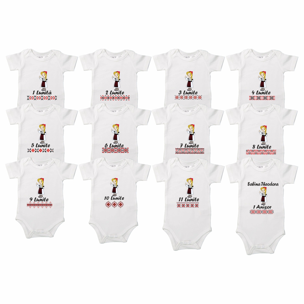 BSA007.. Set 12 body-uri cu lunile bebelusului, Traditional fetita, Bumbac, Alb, BSA007 - imagine 2