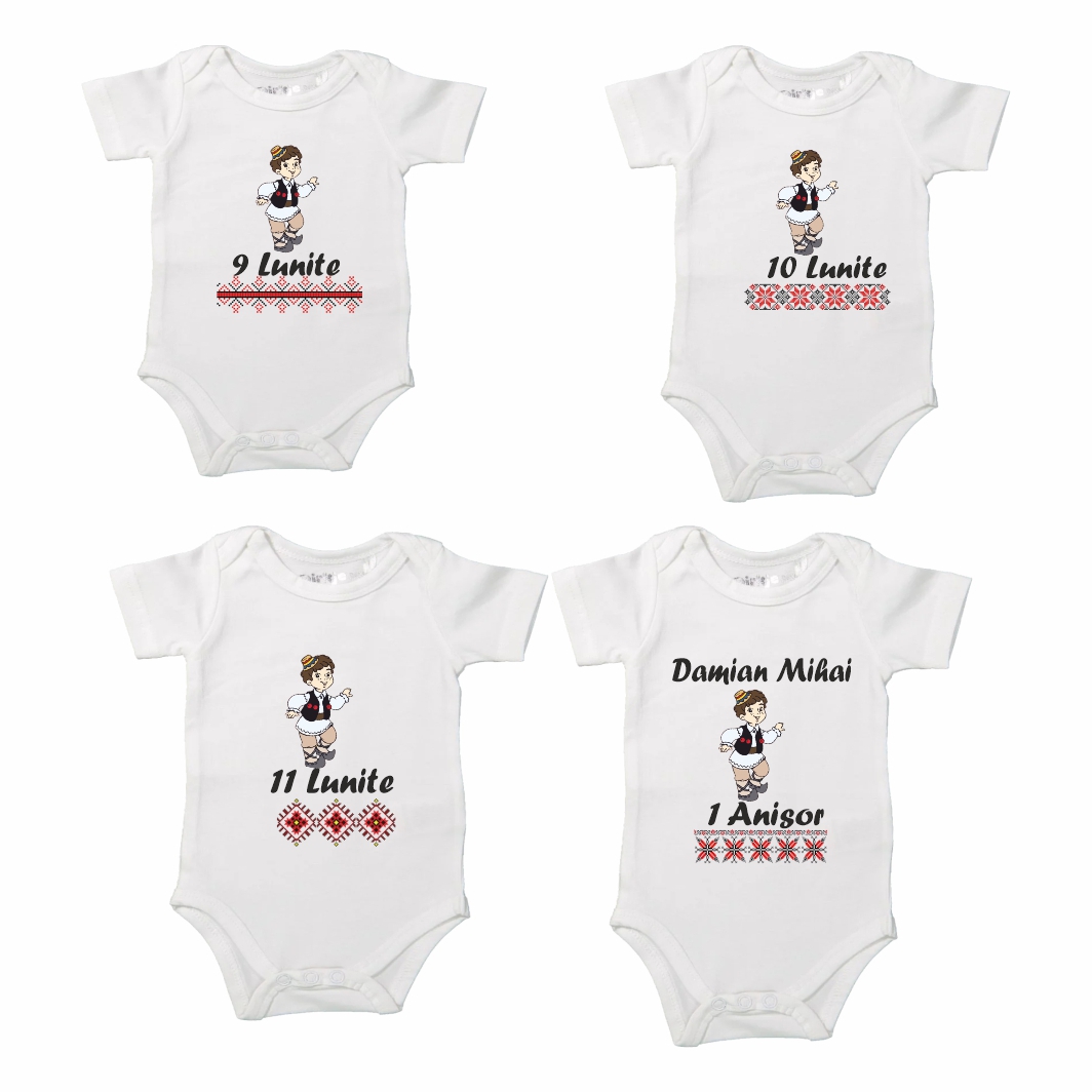 BSA008.... Set 12 body-uri cu lunile bebelusului, Traditional baiat, Bumbac, Alb, BSA008 - imagine 4