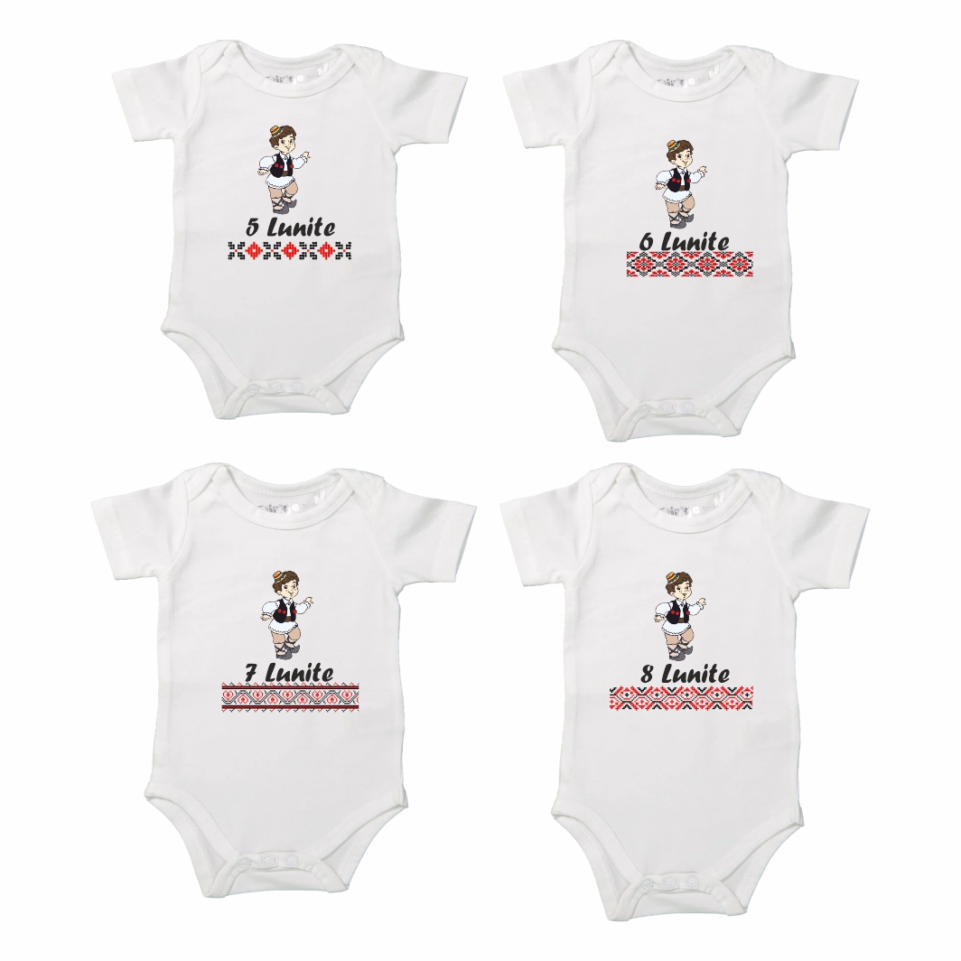 BSA008... Set 12 body-uri cu lunile bebelusului, Traditional baiat, Bumbac, Alb, BSA008 - imagine 3