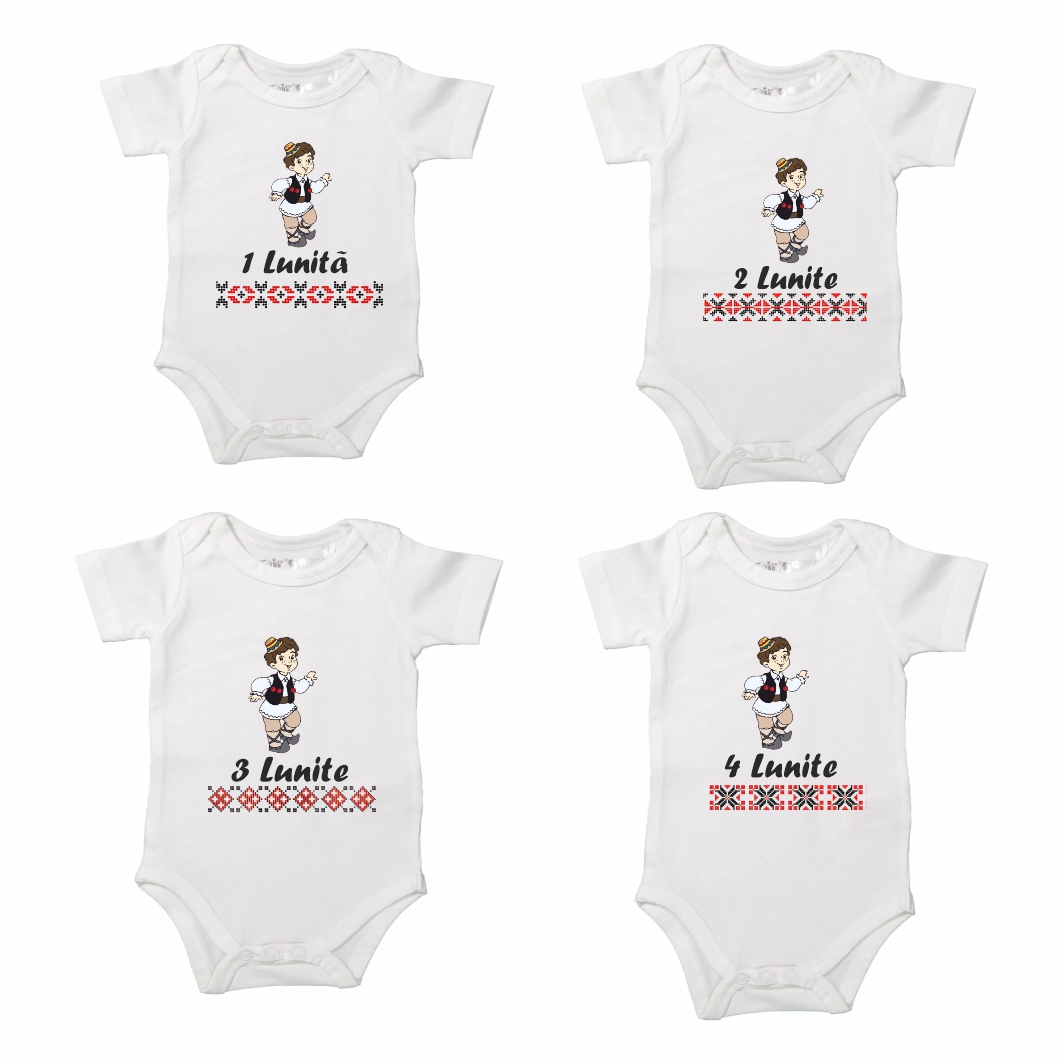 BSA008.. Set 12 body-uri cu lunile bebelusului, Traditional baiat, Bumbac, Alb, BSA008 - imagine 5