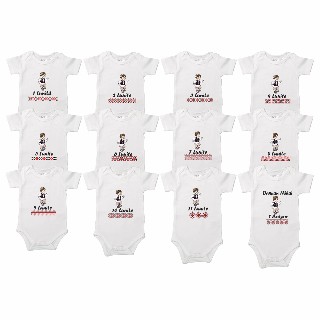 BSA008. Set 12 body-uri cu lunile bebelusului, Traditional baiat, Bumbac, Alb, BSA008 - imagine 2