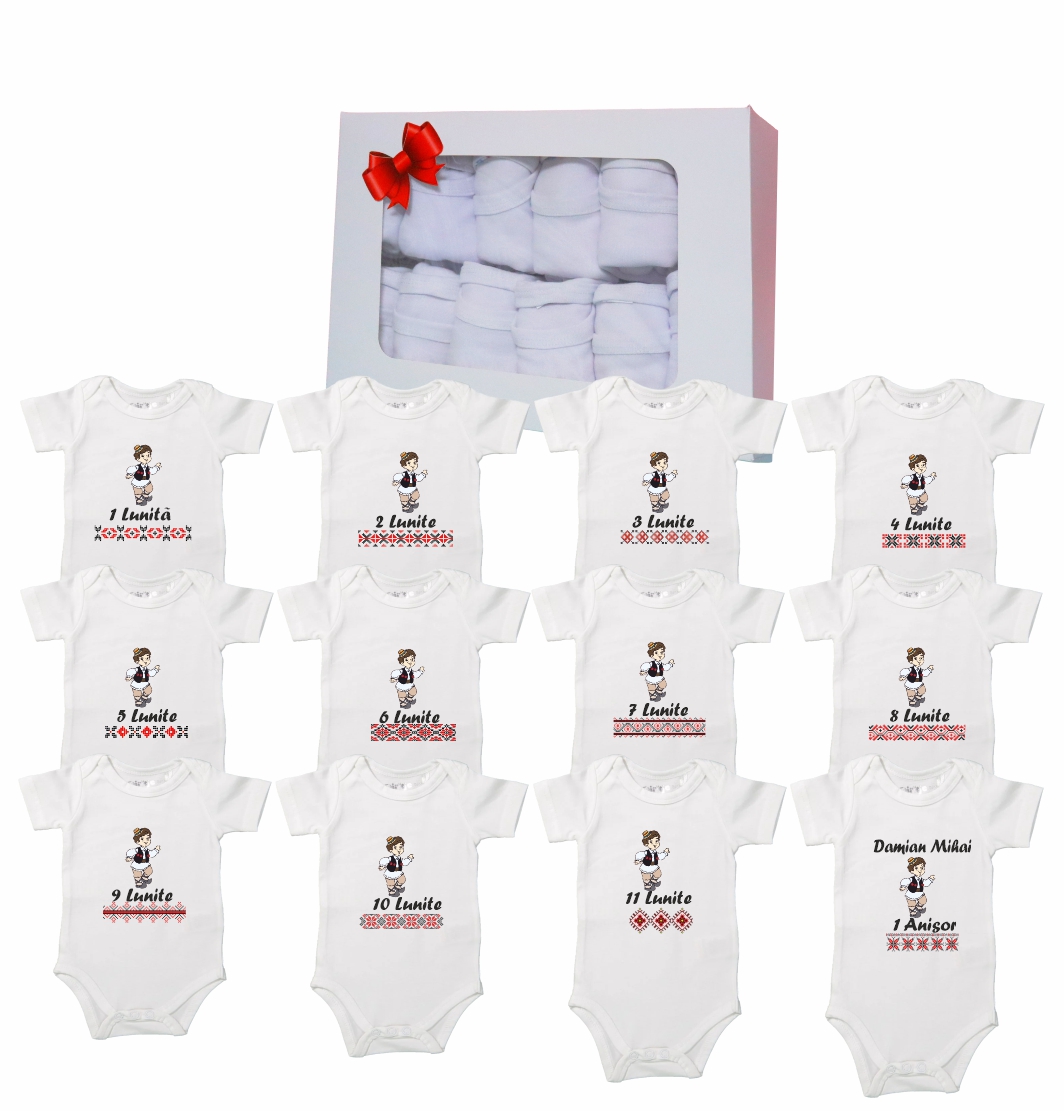 BSA008 Set 12 body-uri cu lunile bebelusului, Traditional baiat, Bumbac, Alb, BSA008 - imagine 1