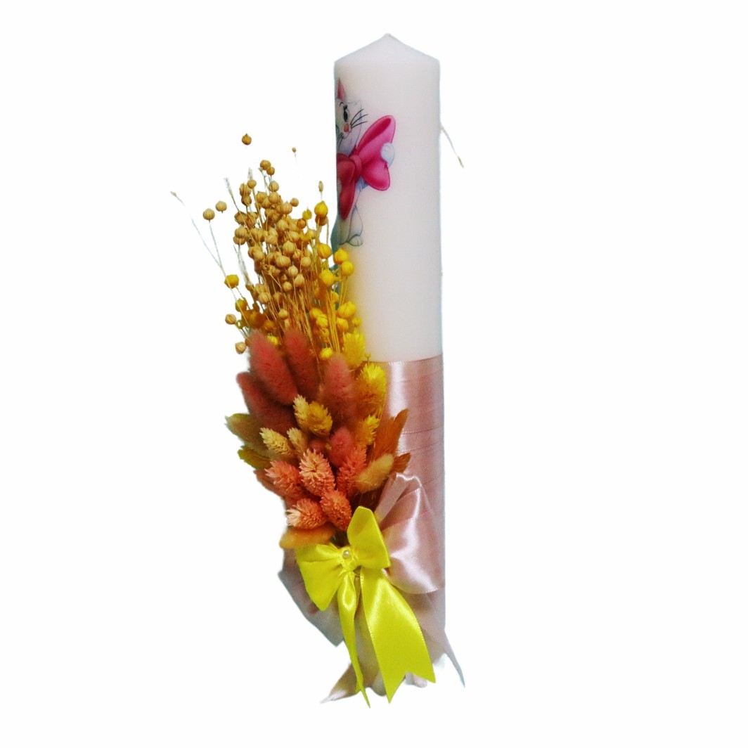 LMB068.... Lumanare Botez, Pisica Marrie, Roz, Galben, Flori uscate, 35 cm, LMB068 - imagine 3