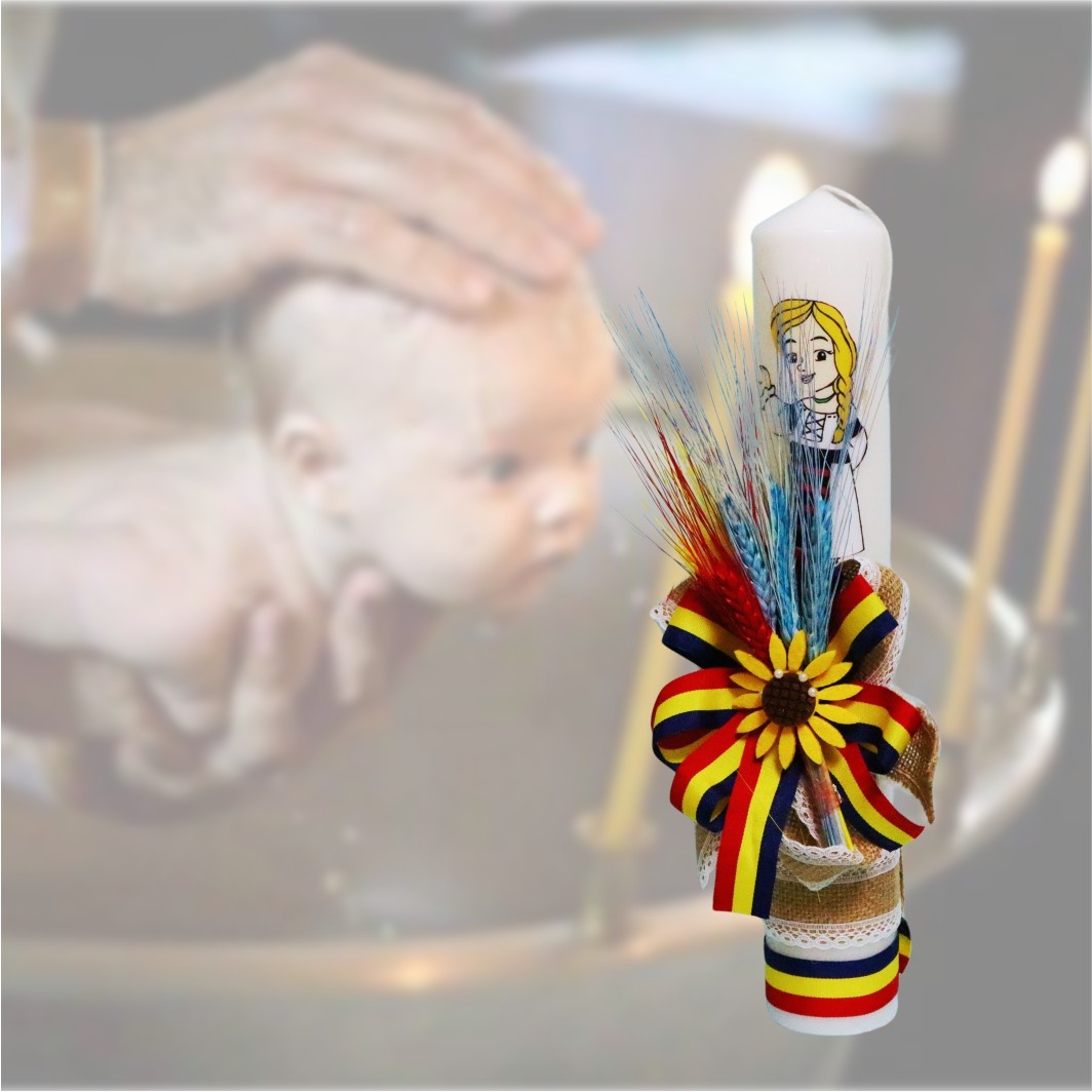 LMB072. Lumanare Botez, Traditional, Fata, Tricolor, Flori uscate, 35 cm, LMB072 - imagine 5