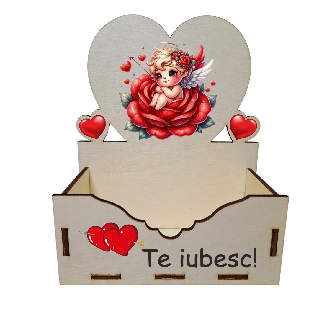 CAUV008 Cutie Aranjamente Florale, Lemn, Te Iubesc, Cupidon, CAUV008 - imagine 1