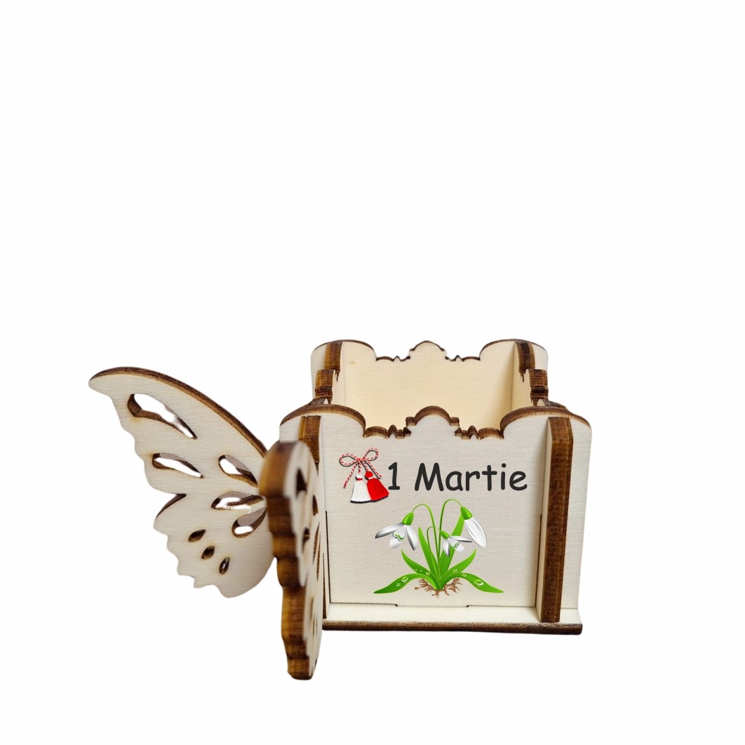 CAUV067. Cutie Mini Aranjamente Florale, Lemn, Fluture, 1 Martie, 10x10x5 cm, CAUV067 - imagine 4