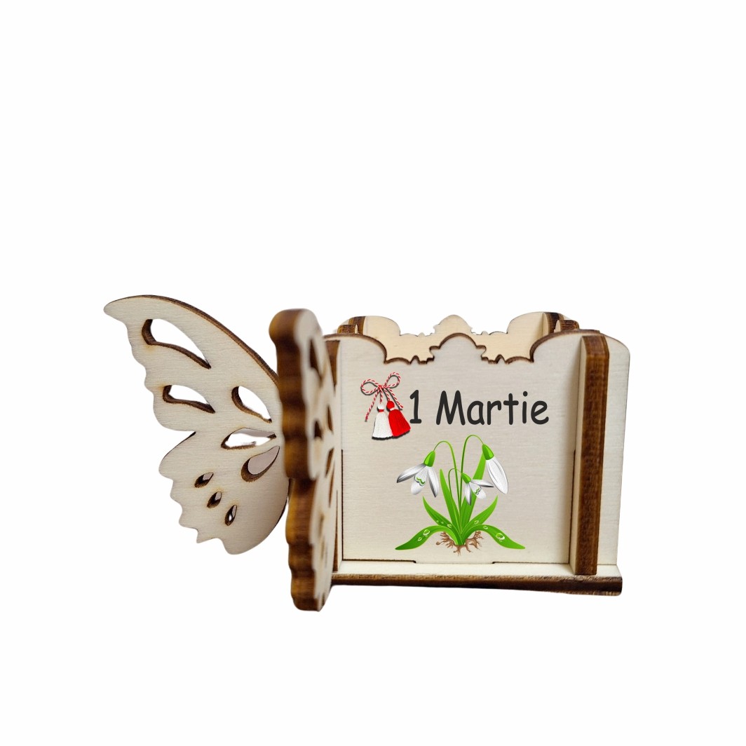 CAUV067 Cutie Mini Aranjamente Florale, Lemn, Fluture, 1 Martie, 10x10x5 cm, CAUV067 - imagine 1