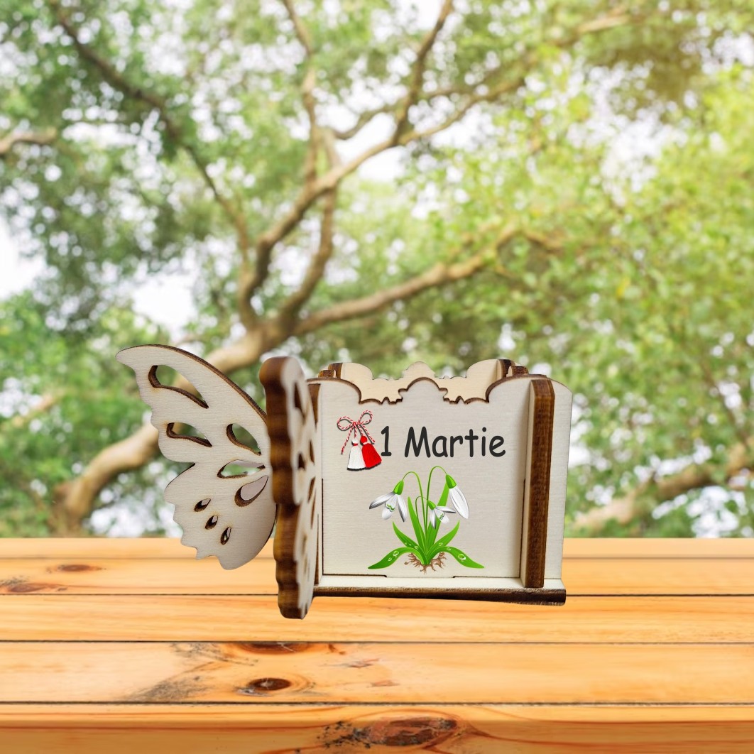 CAUV067... Cutie Mini Aranjamente Florale, Lemn, Fluture, 1 Martie, 10x10x5 cm, CAUV067 - imagine 5