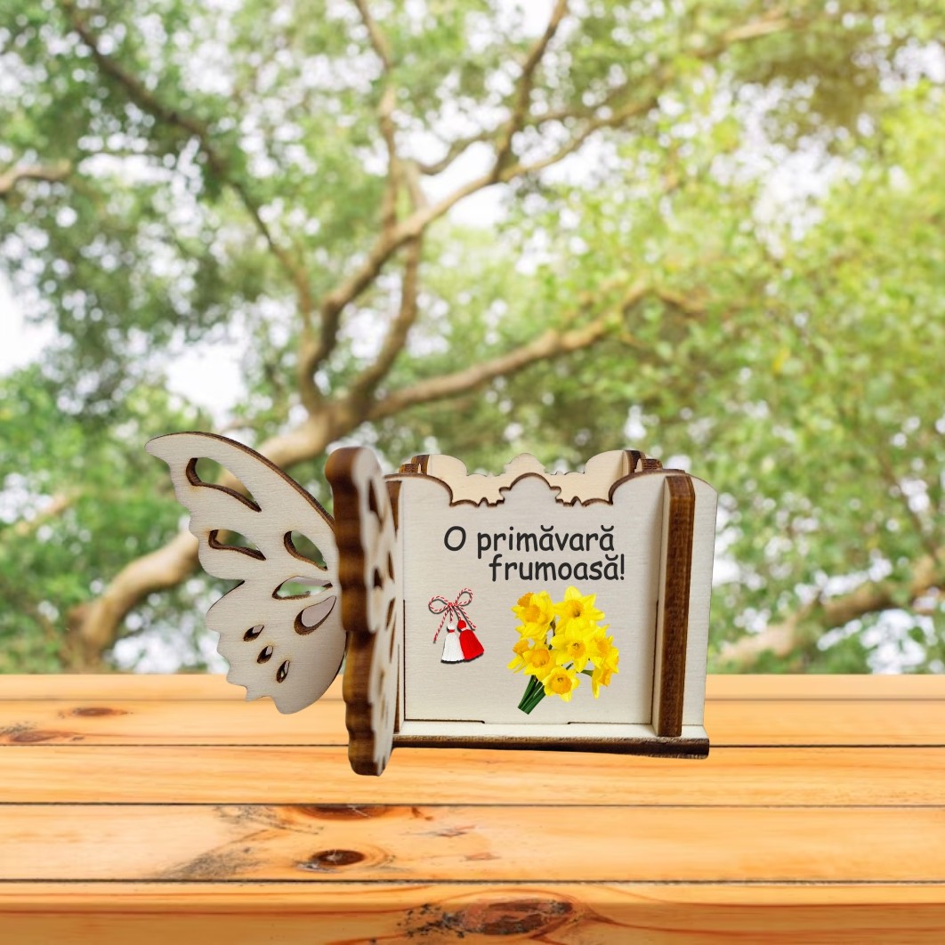 CAUV069... Cutie Mini Aranjamente Florale, Lemn, Fluture, 1 Martie, 10x10x5 cm, CAUV069 - imagine 5