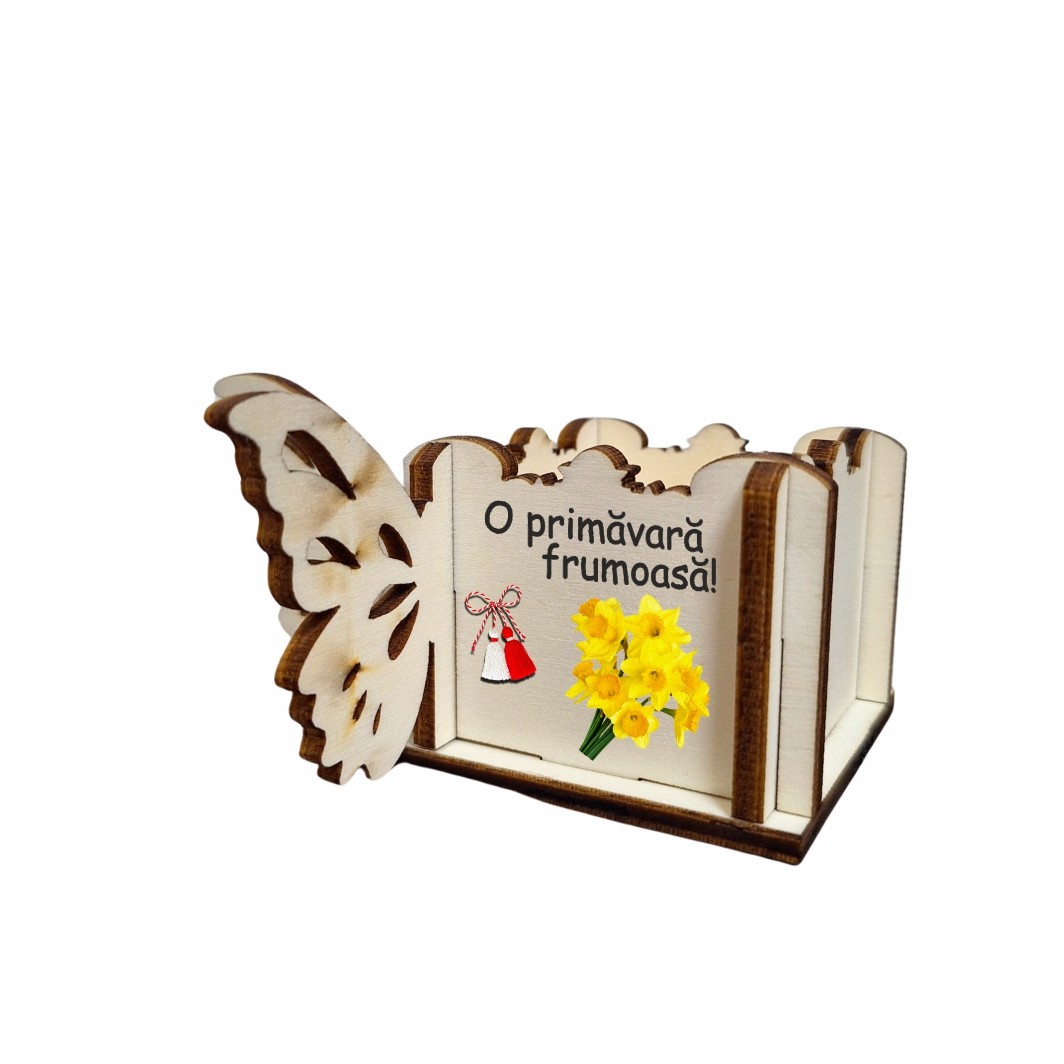 CAUV069.. Cutie Mini Aranjamente Florale, Lemn, Fluture, 1 Martie, 10x10x5 cm, CAUV069 - imagine 2