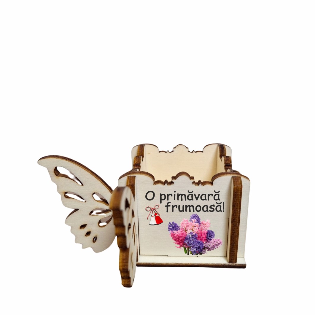 CAUV073. Cutie Mini Aranjamente Florale, Lemn, Fluture, 1 Martie, 10x10x5 cm, CAUV073 - imagine 4