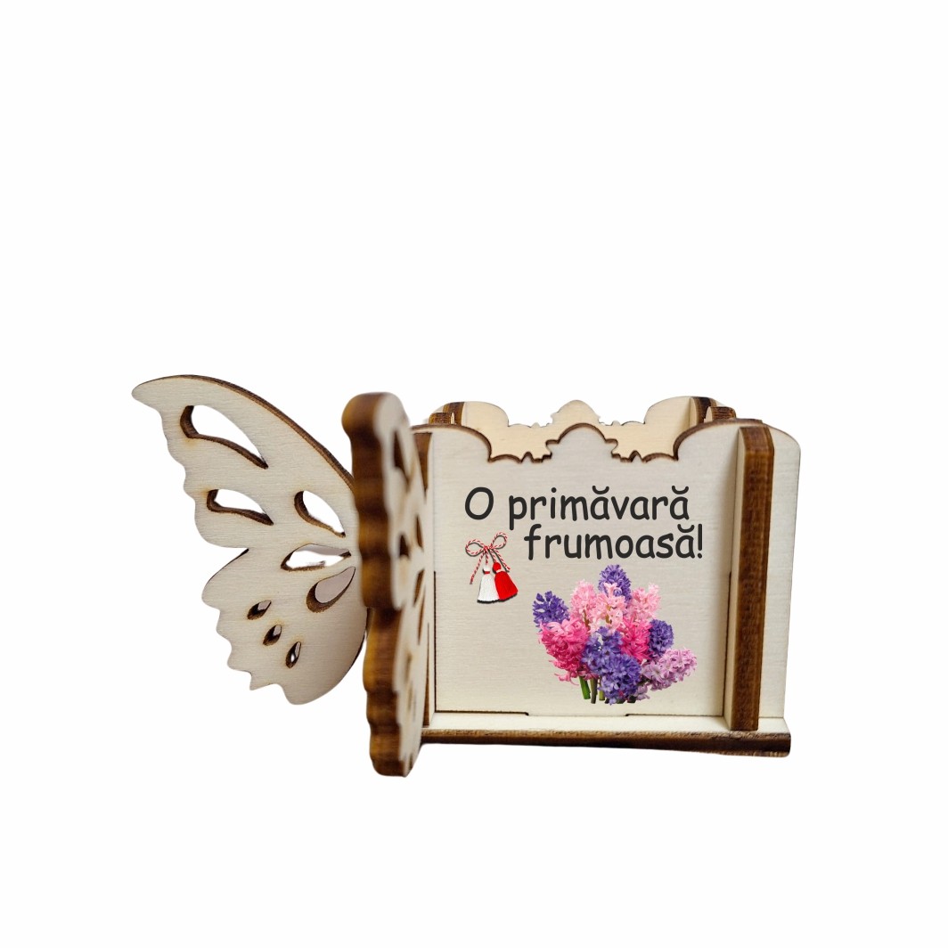 CAUV073 Cutie Mini Aranjamente Florale, Lemn, Fluture, 1 Martie, 10x10x5 cm, CAUV073 - imagine 1