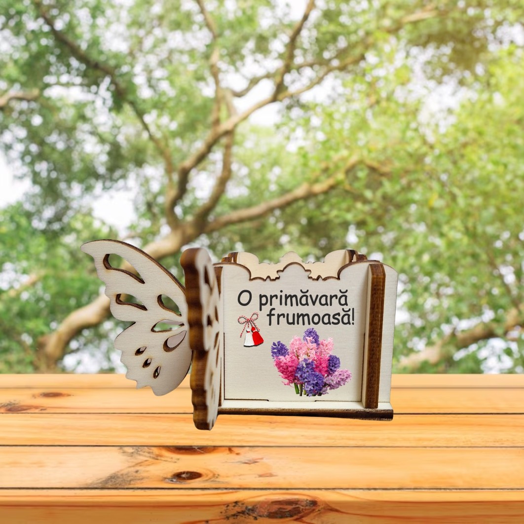 CAUV073... Cutie Mini Aranjamente Florale, Lemn, Fluture, 1 Martie, 10x10x5 cm, CAUV073 - imagine 5