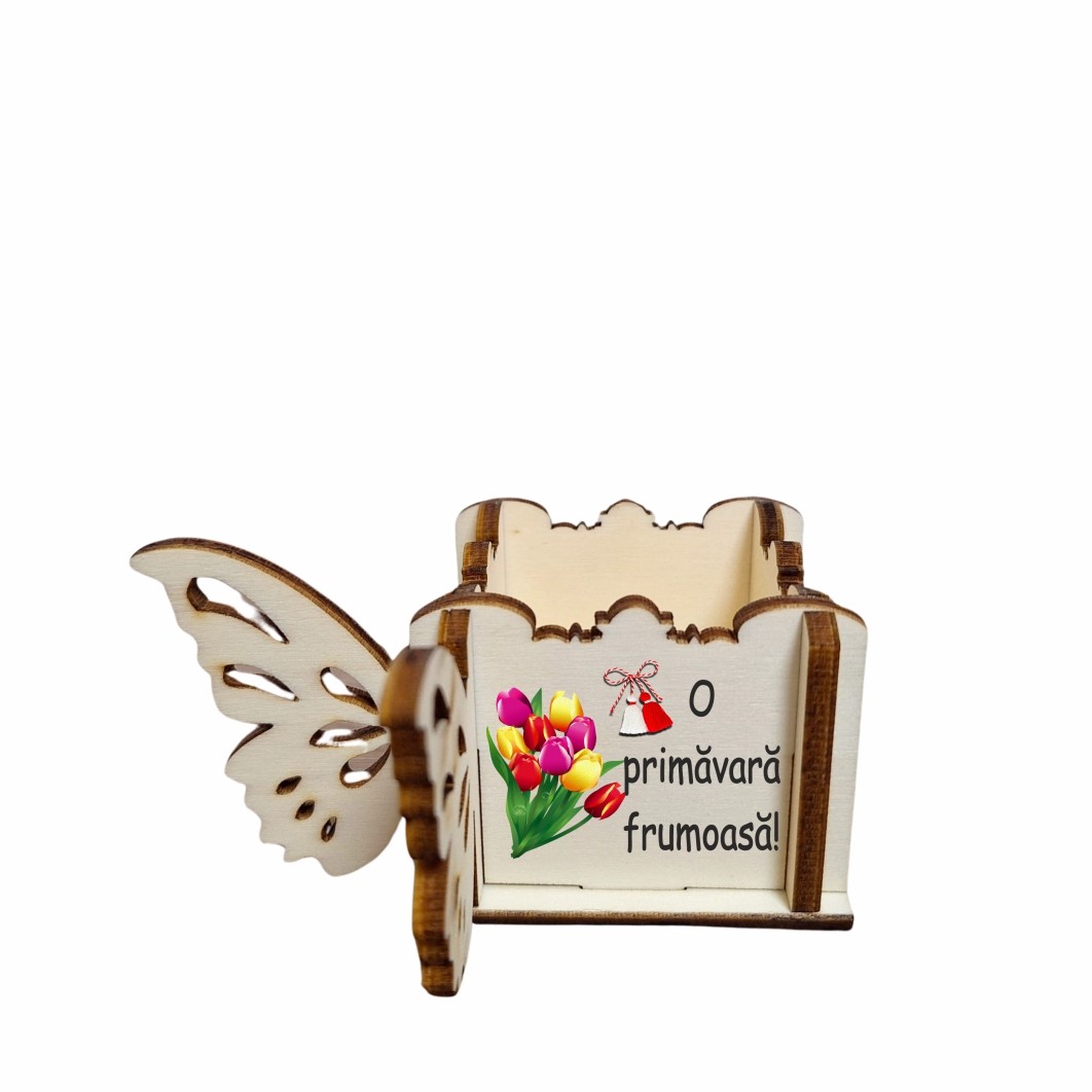 CAUV074. Cutie Mini Aranjamente Florale, Lemn, Fluture, 1 Martie, 10x10x5 cm, CAUV074 - imagine 4