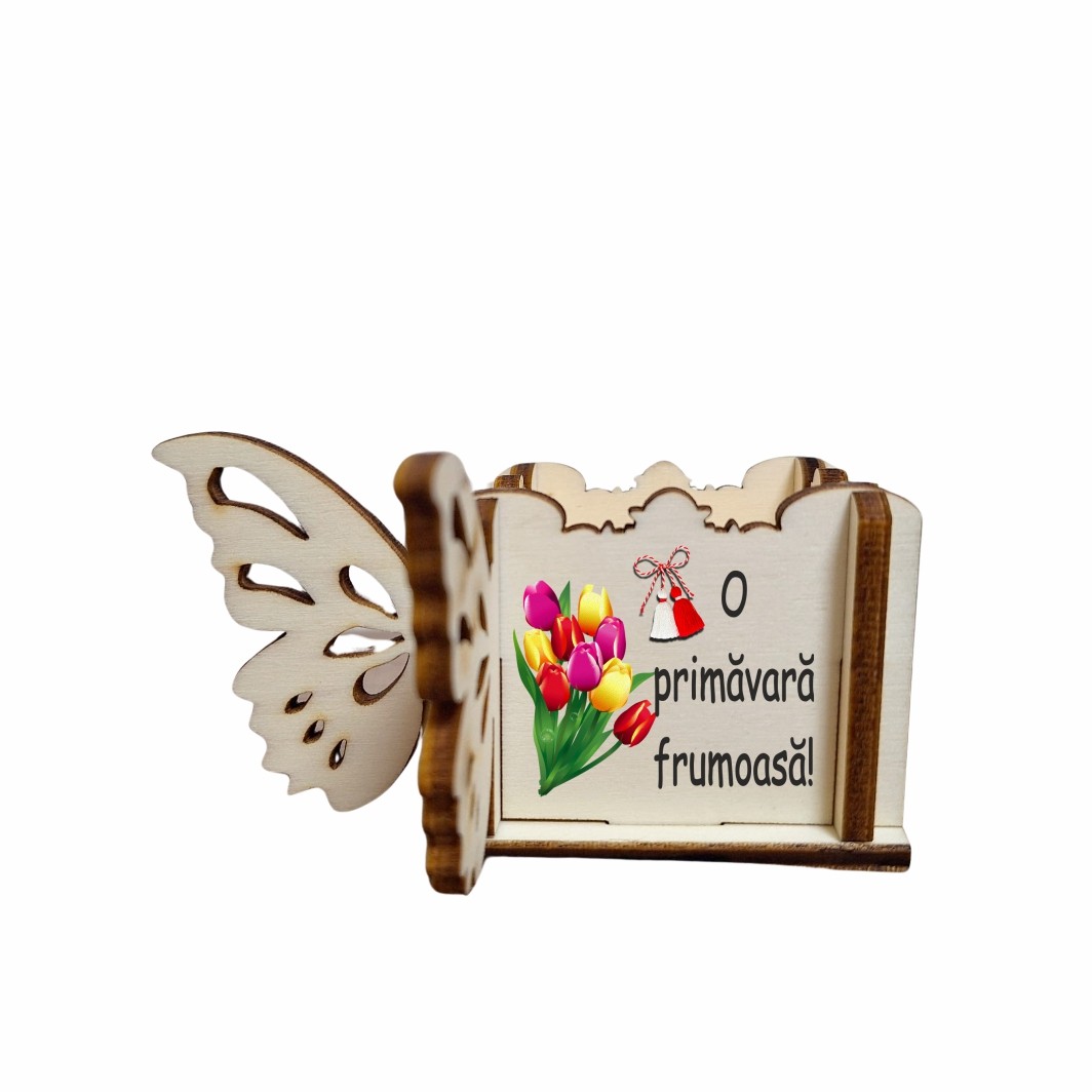 CAUV074 Cutie Mini Aranjamente Florale, Lemn, Fluture, 1 Martie, 10x10x5 cm, CAUV074 - imagine 1