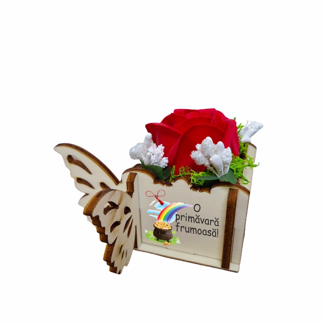 CMUV008. Martisor in Cutie, Trandafir de Sapun, Licheni, O primavara frumoasa, 10x10x5 cm, Rosu, CMUV008 - imagine 1
