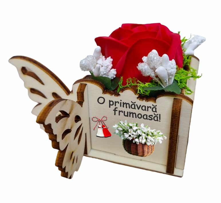 CMUV014. Martisor in Cutie, Trandafir de Sapun, Licheni, O primavara frumoasa, 10x10x5 cm, Rosu, CMUV014 - imagine 1