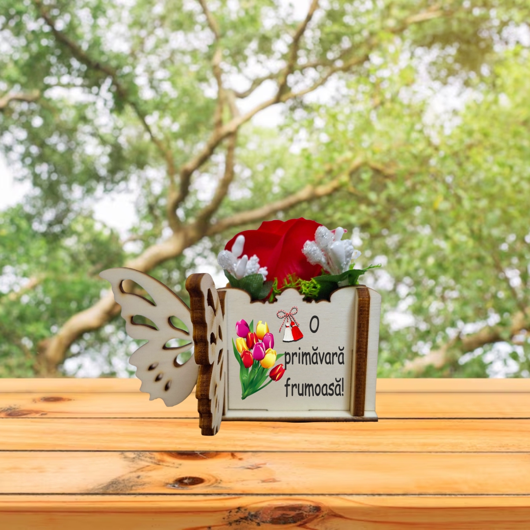 CMUV022... Martisor in Cutie, Trandafir de Sapun, Licheni, O primavara frumoasa, 10x10x5 cm, Rosu, CMUV022 - imagine 5