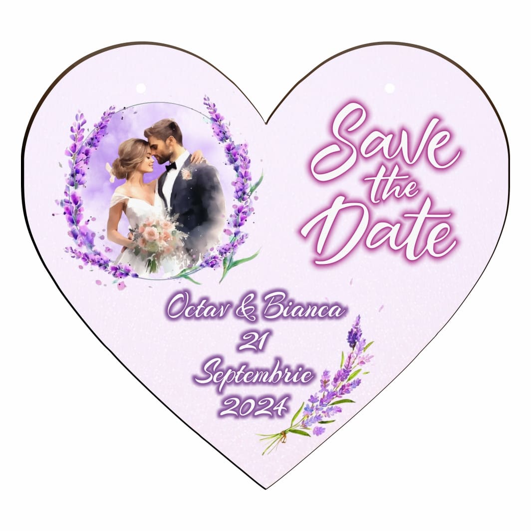 PSDUV006 Pancarta Save The Date, Nunta, Mov, Inima, 30x28cm, PSDUV006 - imagine 1