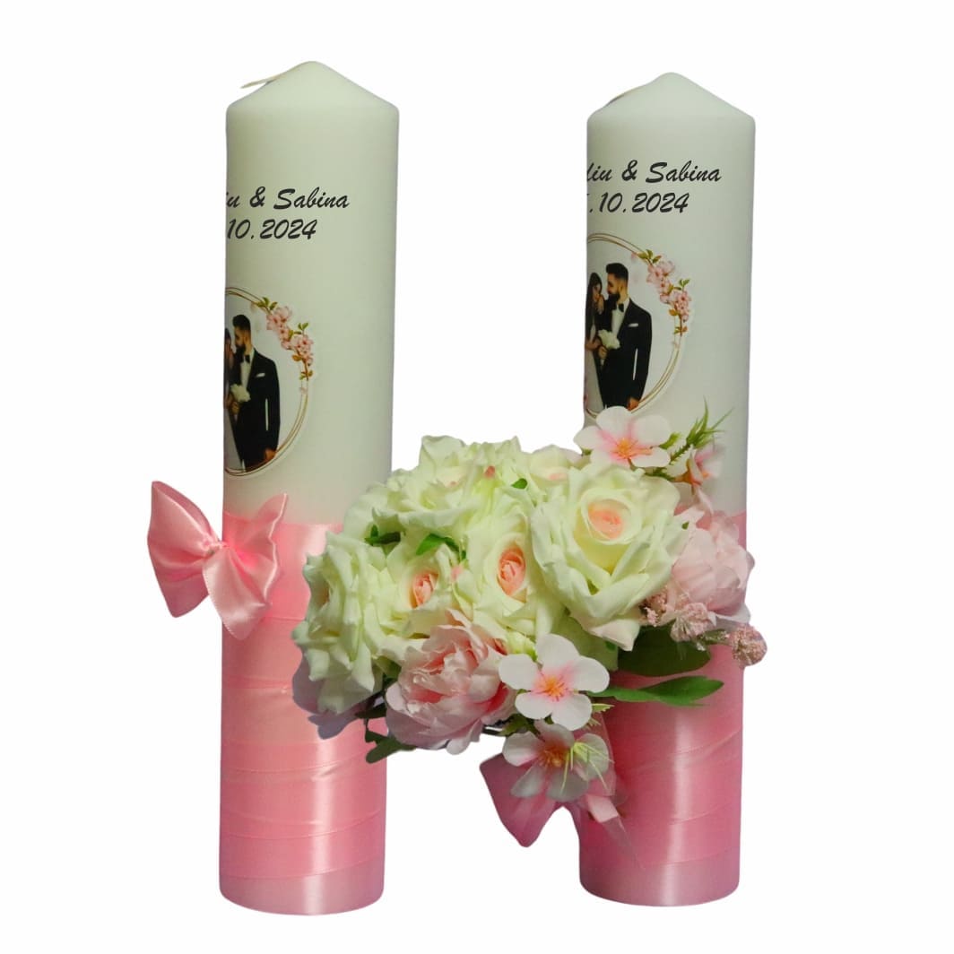 LN006.... Set Lumanari Nunta, Personalizate, Mire Mireasa, 2 Bucati, Roz, 35 cm, LN006 - imagine 2