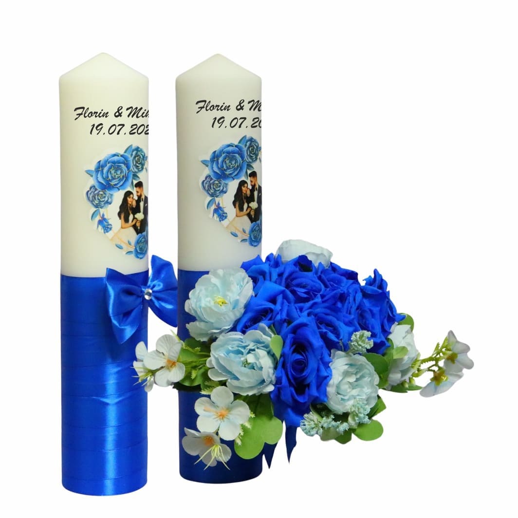 LN008.. Set Lumanari Nunta, Personalizate, Mire Mireasa, 2 Bucati, Albastru, 35 cm, LN008 - imagine 2