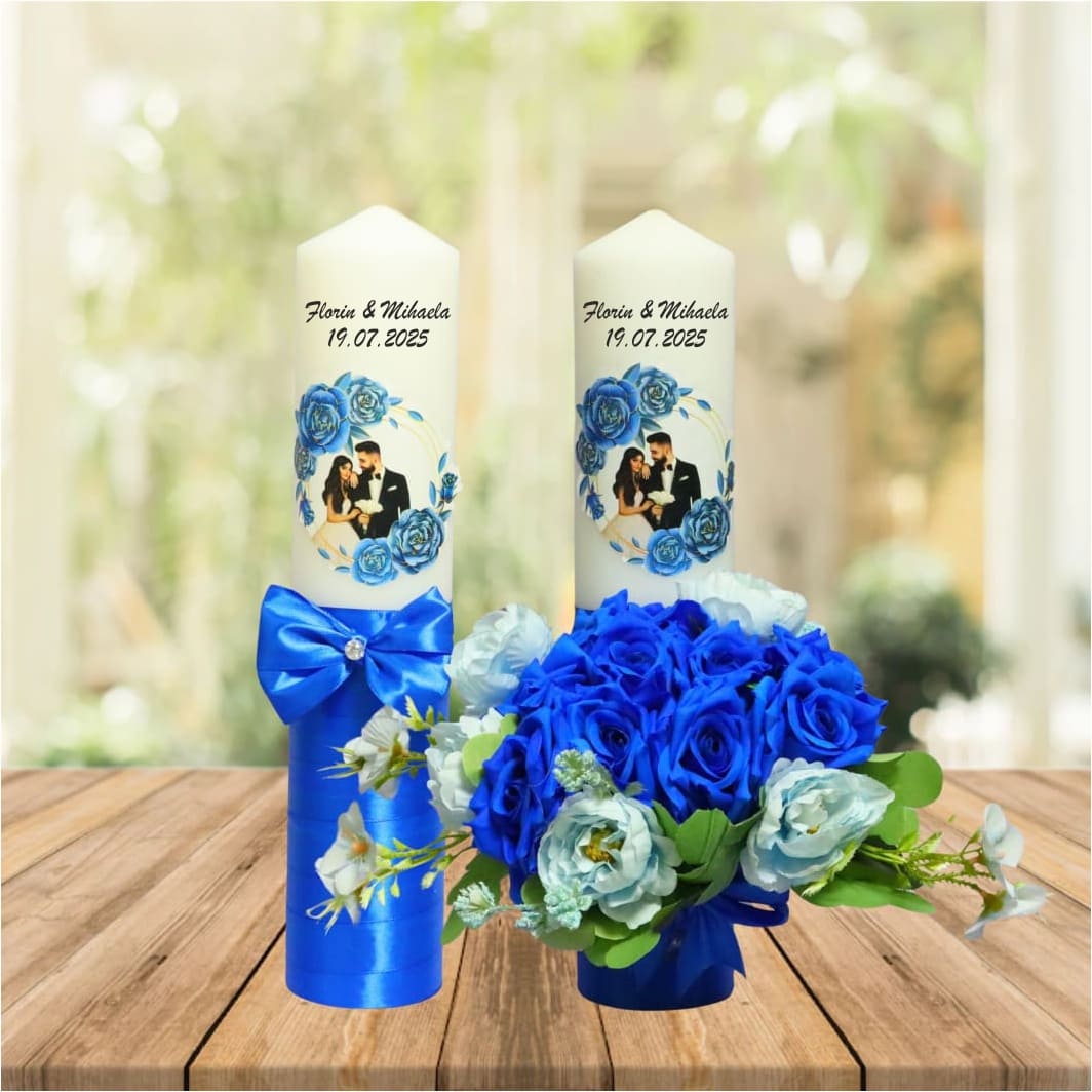 LN008. Set Lumanari Nunta, Personalizate, Mire Mireasa, 2 Bucati, Albastru, 35 cm, LN008 - imagine 3
