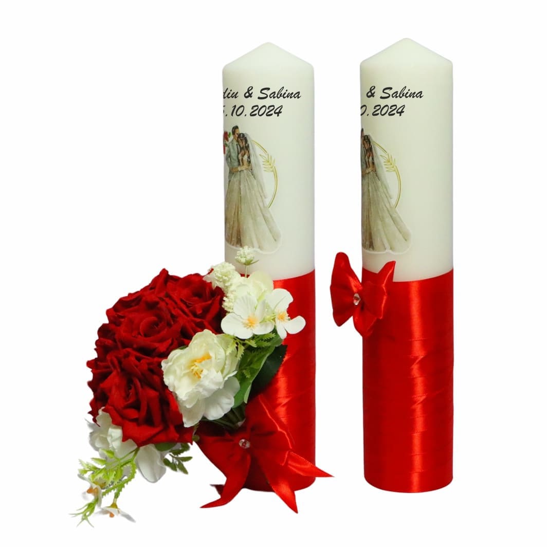 LN012... Set Lumanari Nunta, Personalizate, Mire Mireasa, 2 Bucati, Rosu, 35 cm, LN012 - imagine 2
