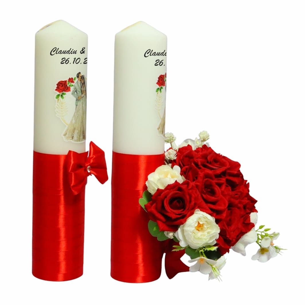 LN012.. Set Lumanari Nunta, Personalizate, Mire Mireasa, 2 Bucati, Rosu, 35 cm, LN012 - imagine 5