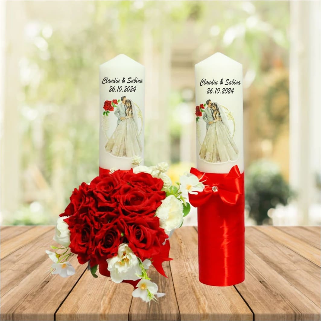 LN012. Set Lumanari Nunta, Personalizate, Mire Mireasa, 2 Bucati, Rosu, 35 cm, LN012 - imagine 3