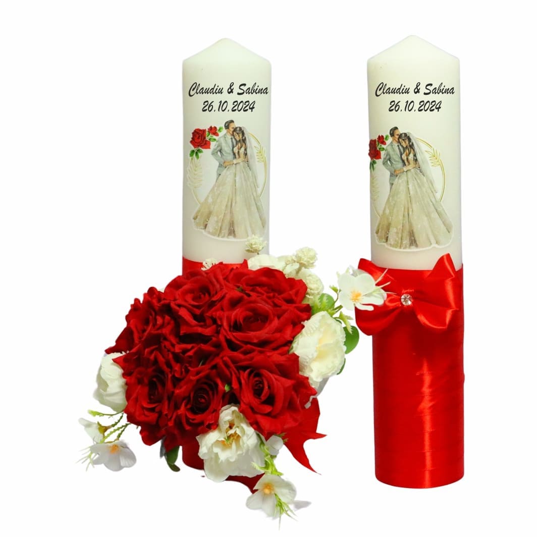 LN012 Set Lumanari Nunta, Personalizate, Mire Mireasa, 2 Bucati, Rosu, 35 cm, LN012 - imagine 1