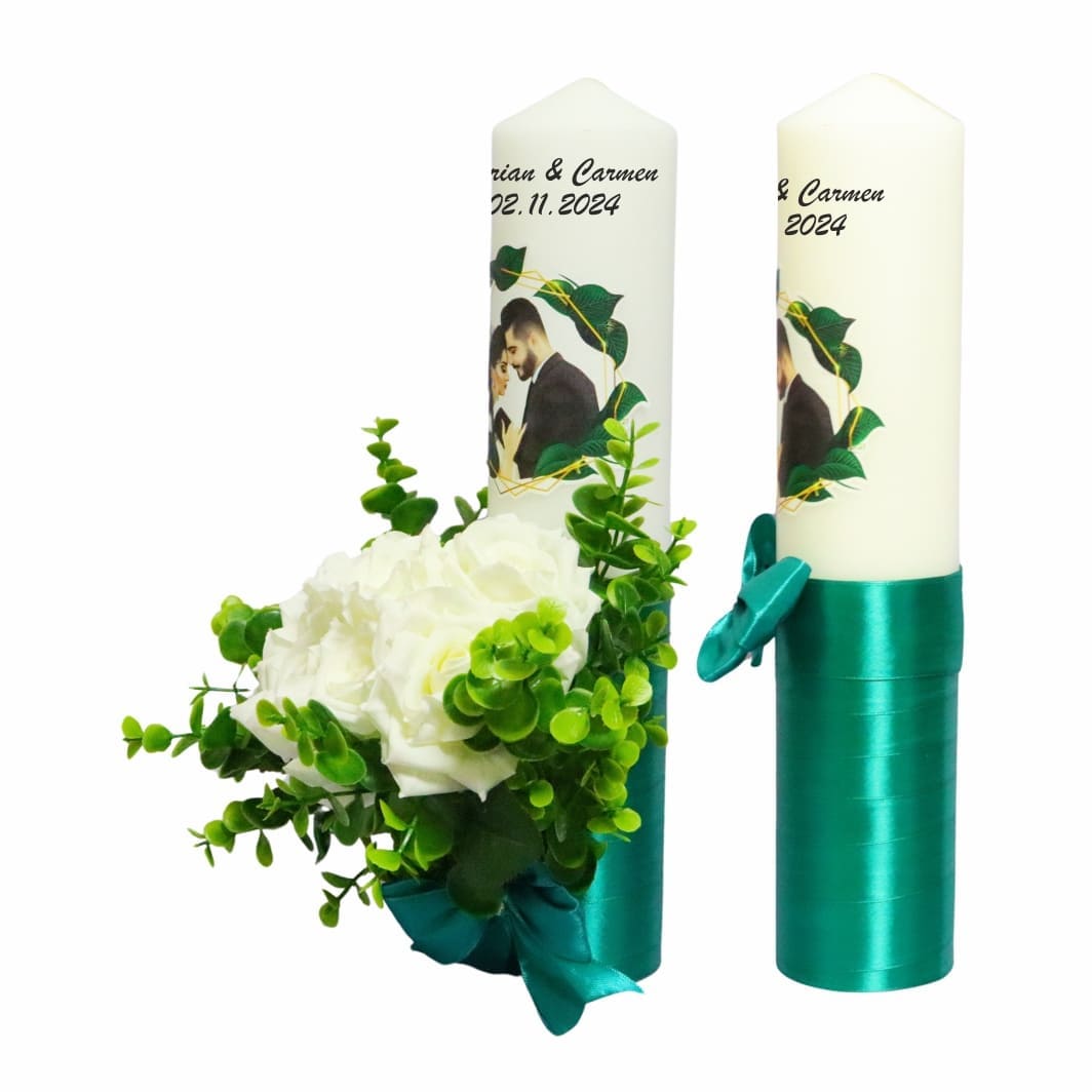 LN013... Set Lumanari Nunta, Personalizate, Mire Mireasa, 2 Bucati, Verde, 35 cm, LN013 - imagine 2