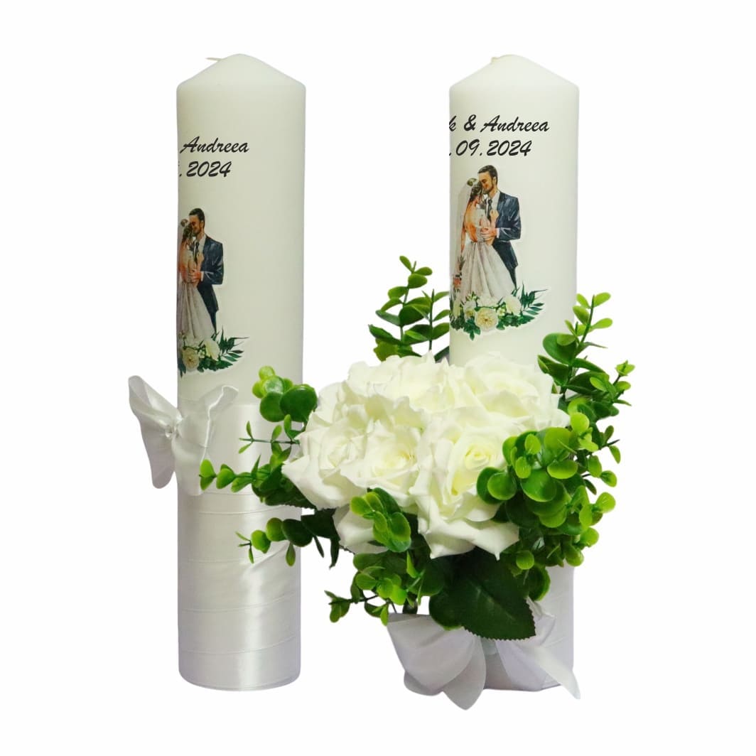LN016... Set Lumanari Nunta, Personalizate, Mire Mireasa, 2 Bucati, Alb, 35 cm, LN016 - imagine 5