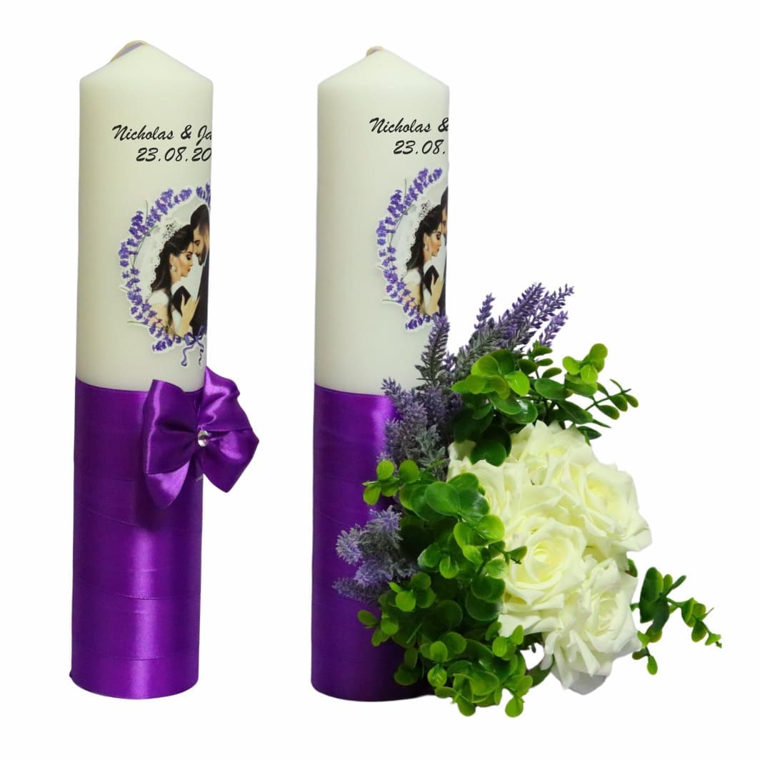 LN022.. Set Lumanari Nunta, Personalizate, Mire Mireasa, 2 Bucati, Mov, 35 cm, LN022 - imagine 2