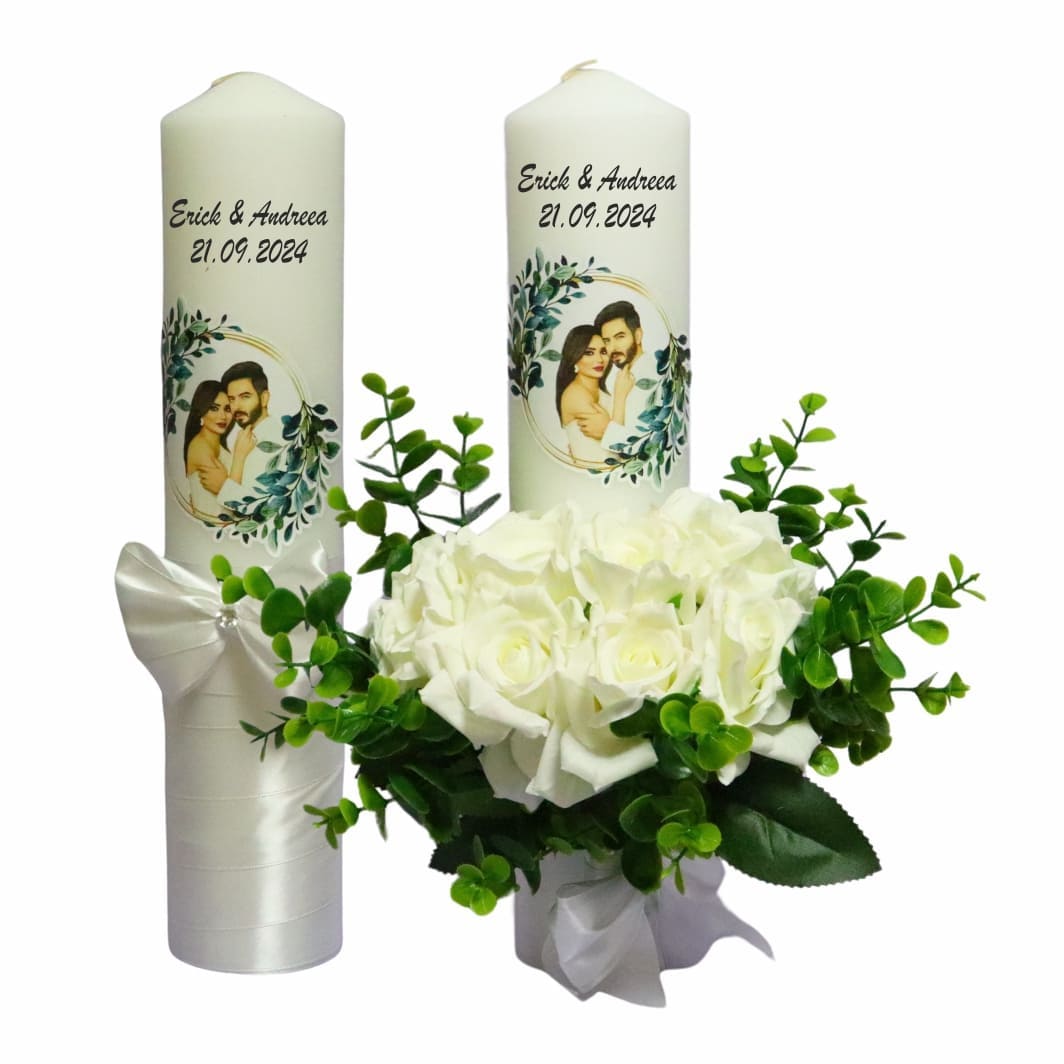 LN023 Set Lumanari Nunta, Personalizate, Mire Mireasa, 2 Bucati, Alb, 35 cm, LN023 - imagine 1
