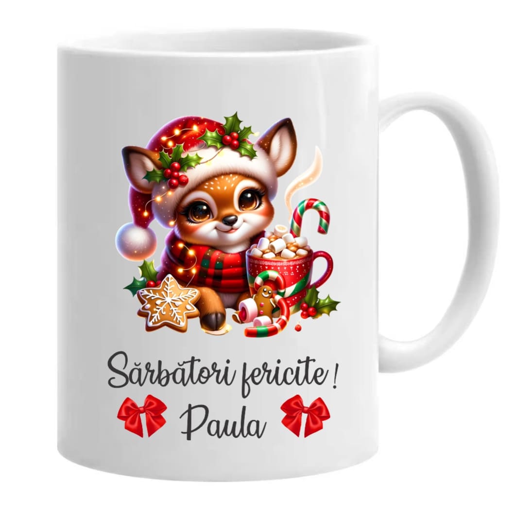 CNCUV001 Cana de Craciun, Alba, Personalizata, Ren, 350 ml, CNCUV001 - imagine 1