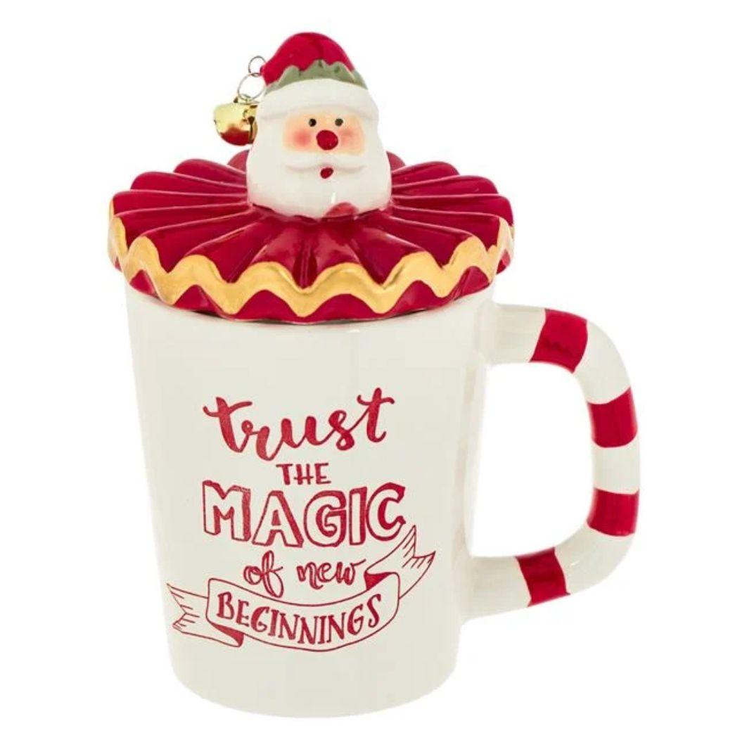 DCJ480 Cana de Craciun, Ceramica, Alba, Capac Mos Craciun, Clopotel, 380ml, DCJ480 - imagine 1