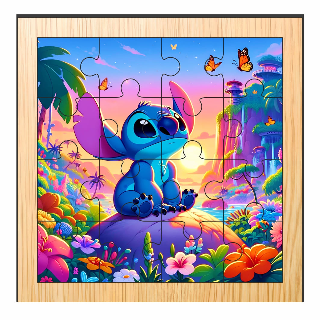 PDUV002 Puzzle din lemn, Stitch, 16 piese, Multicolor, 17x17 cm, PDUV002 - imagine 1