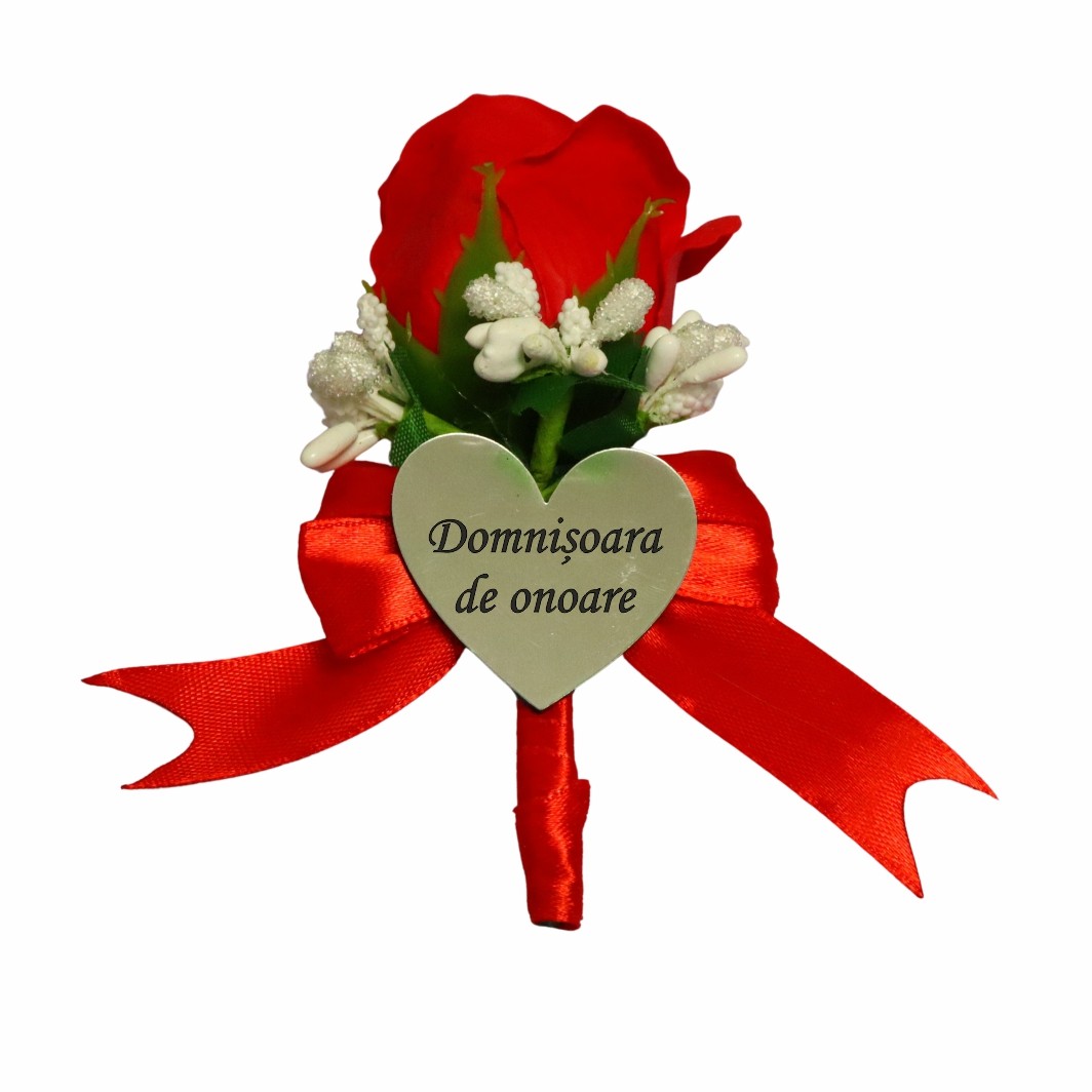 CFL003 Cocarde Nunta, Model Inima Floral, Trandafir, Argintiu-Rosu, CFL002 - imagine 3