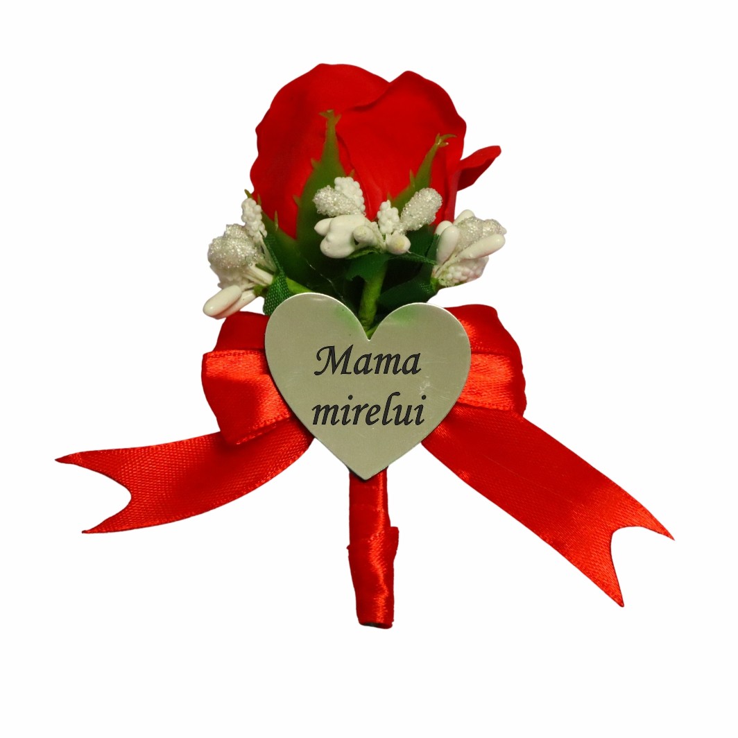 CFL007 Cocarde Nunta, Model Inima Floral, Trandafir, Argintiu-Rosu, CFL002 - imagine 1