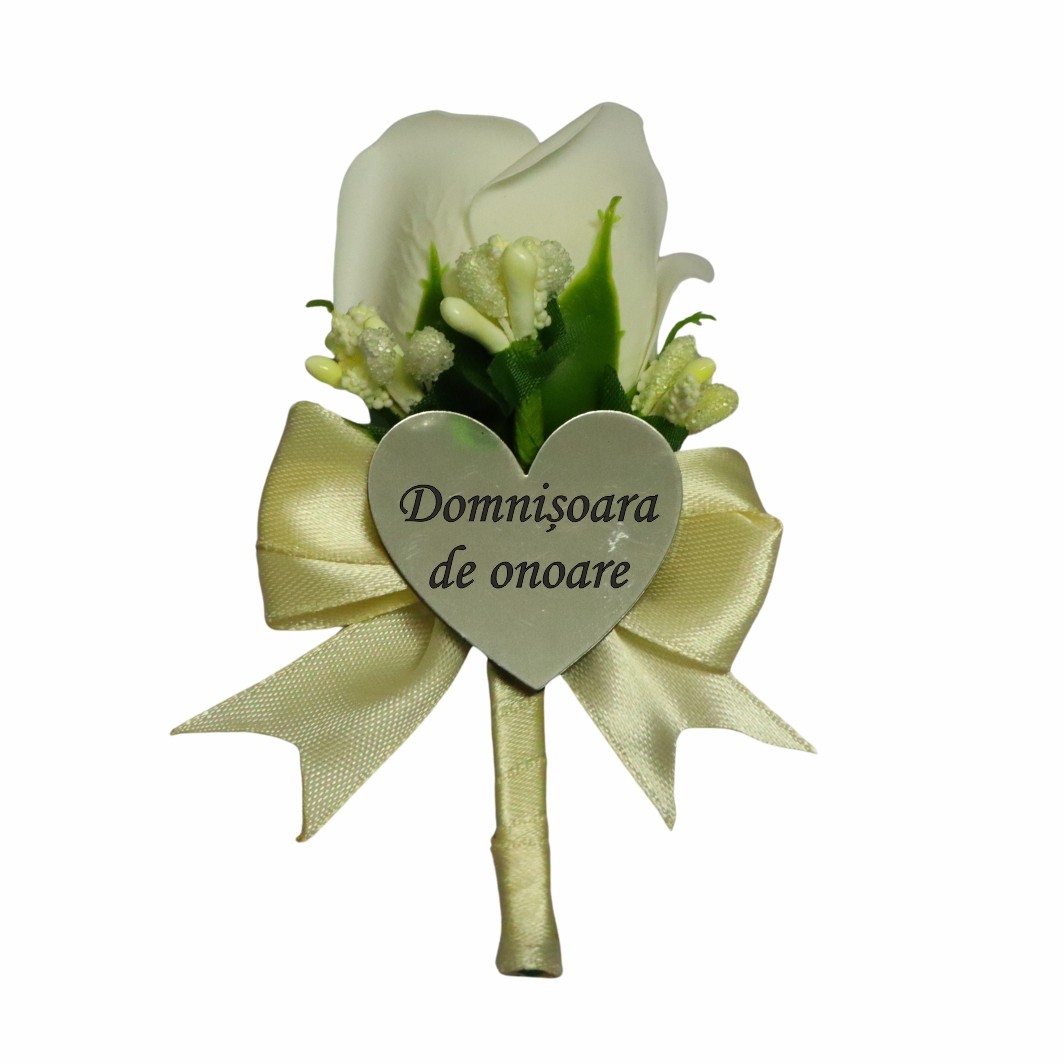 CFL024 Cocarde Nunta, Model Inima Floral, Trandafir, Argintiu-Crem, CFL011 - imagine 3