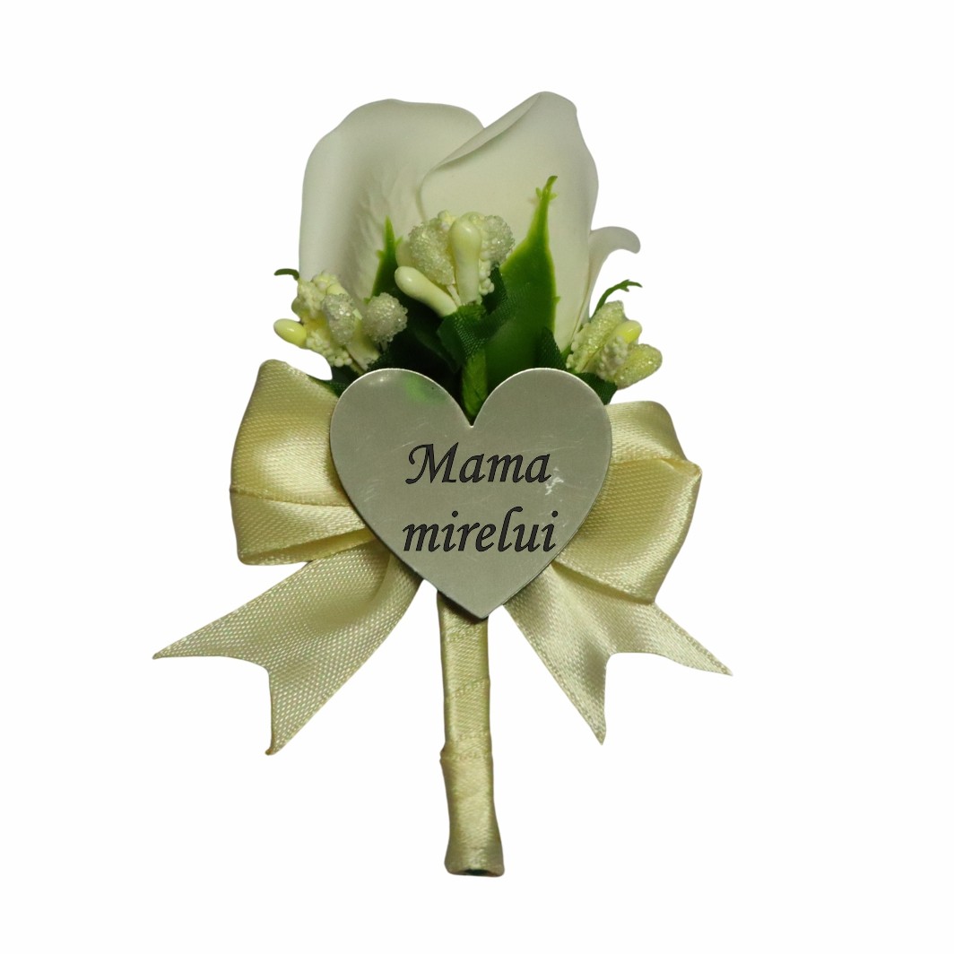 CFL028 Cocarde Nunta, Model Inima Floral, Trandafir, Argintiu-Crem, CFL011 - imagine 7
