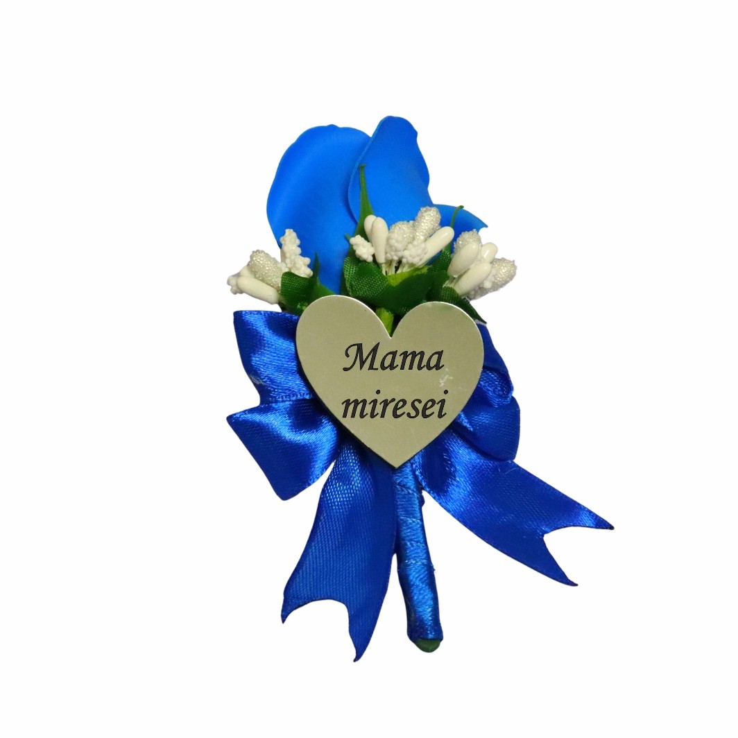 CFL071 Cocarde Nunta, Model Inima Floral, Trandafir, Argintiu-Albastru, CFL013 - imagine 3