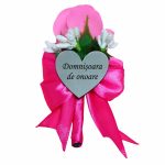 Cocarde Nunta, Model Inima Floral, Trandafir, Argintiu-Roz Fucsia, CFL008 - imagine 8