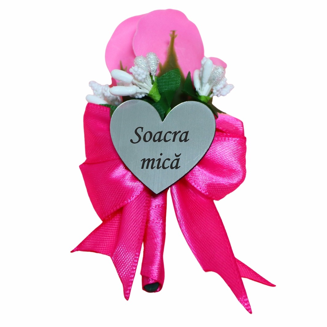 CFL147 Cocarde Nunta, Model Inima Floral, Trandafir, Argintiu-Roz Fucsia, CFL008 - imagine 6