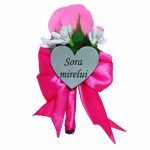 Cocarde Nunta, Model Inima Floral, Trandafir, Argintiu-Roz Fucsia, CFL008 - imagine 3