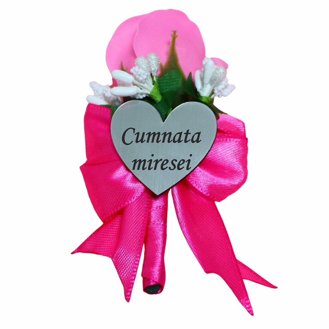 CFL152 Cocarde Nunta, Model Inima Floral, Trandafir, Argintiu-Roz Fucsia, CFL008 - imagine 2
